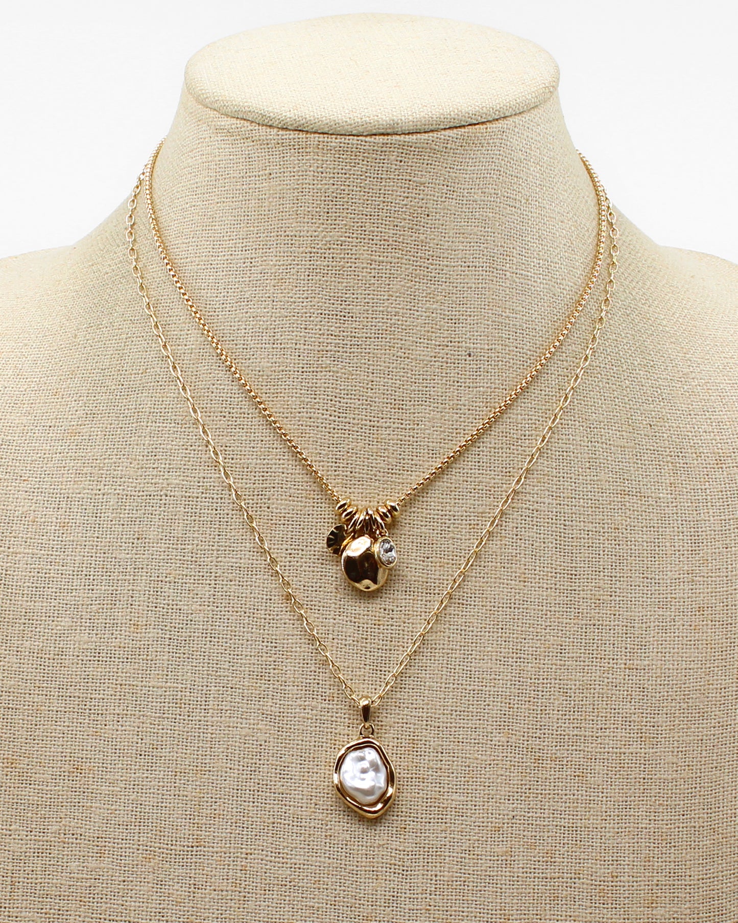 Gold Double Chain with Charms and Pearl Drop 16"-18" Necklace
