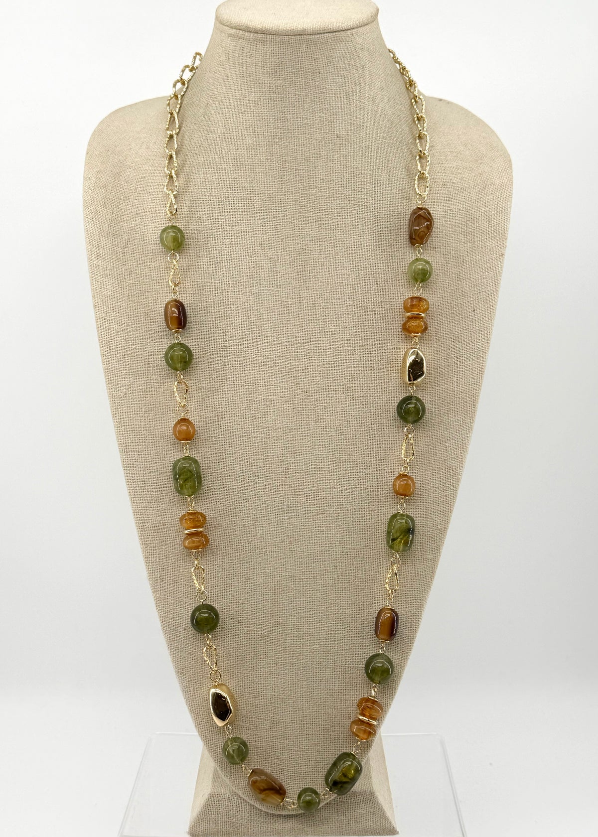Gold with Multi Green Natural Stones 36" Necklace