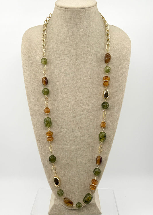 Gold with Multi Green Natural Stones 36" Necklace