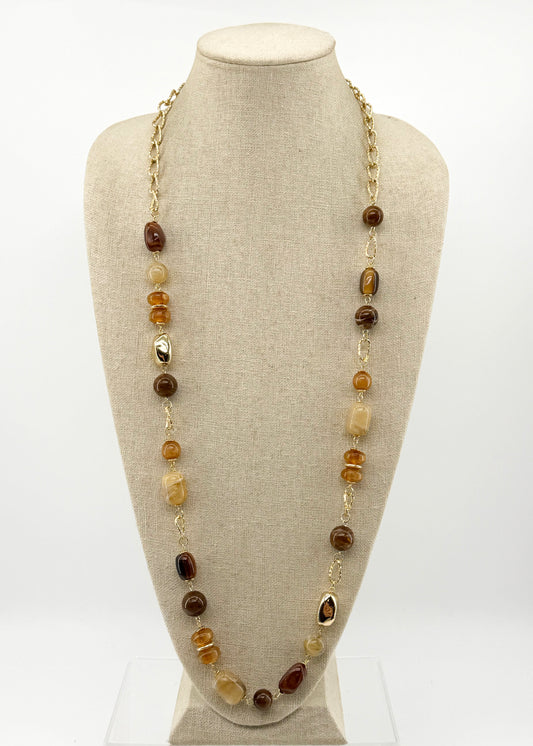 Gold with Multi Brown Natural Stones 36" Necklace