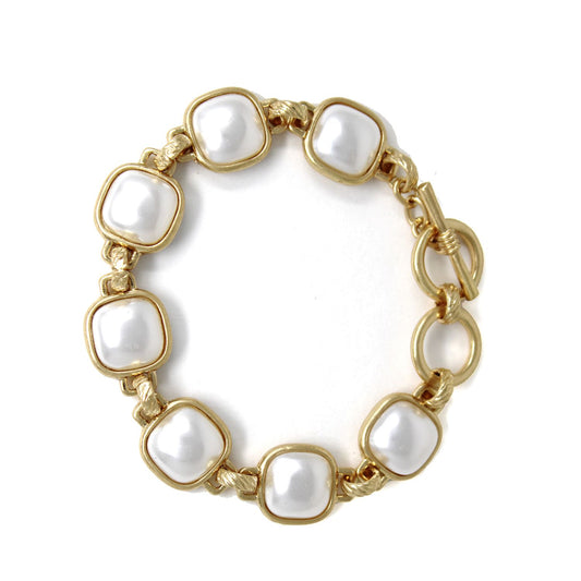 Worn Gold with Pearl Square 7.5" Toggle Bracelet