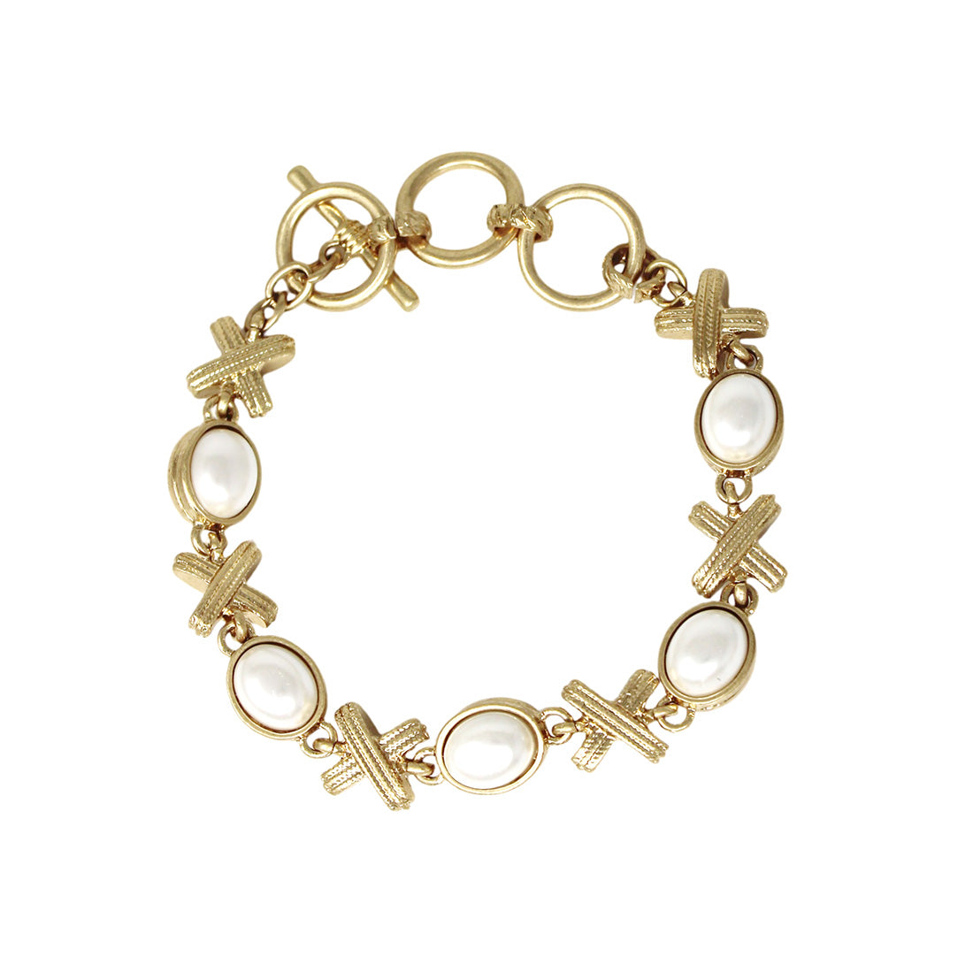 Pearl with Gold Textured X Togglee 7.5" Bracelet