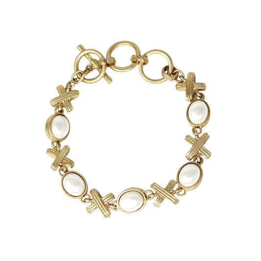 Pearl with Gold Textured X Togglee 7.5" Bracelet