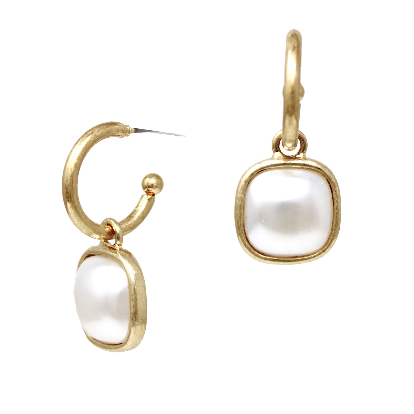 Gold Huggie Hoop with Sqare Pearl Drop .5" Earring