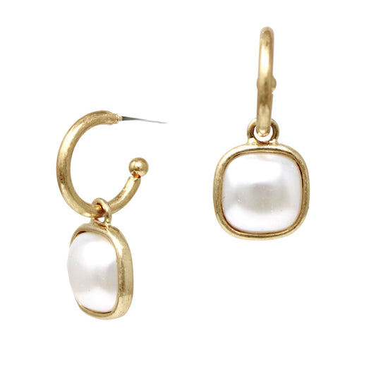 Gold Huggie Hoop with Sqare Pearl Drop .5" Earring