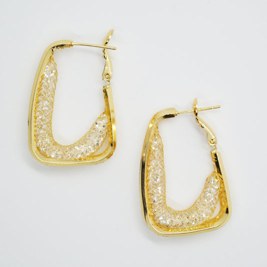 Gold Geometric 1.5" Hoop with Crystal Mesh Layered In