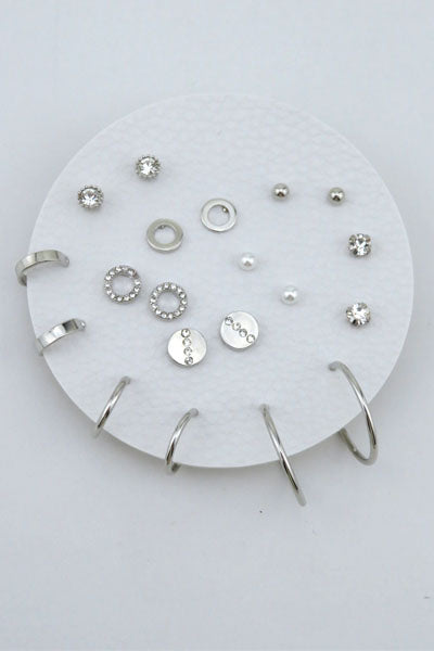 Set of 10 Silver Geometric Stud and Hoop Sets on a Leather Circle Display, Best Seller!