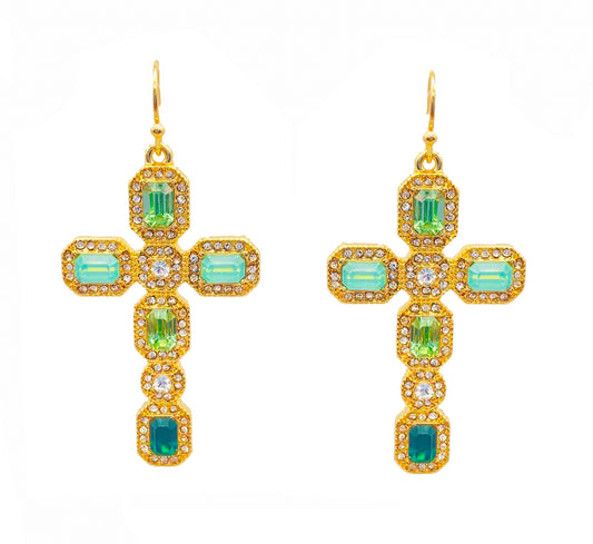 Teal and Green Crystal 1.75" Rhinestone Cross Earring
