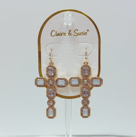 White Opal and Clear Crystal 1.75" Rhinestone Cross Earring