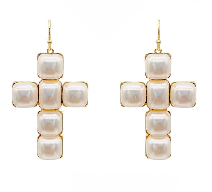 Square Puffy Pearl 1.5" Cross Earring