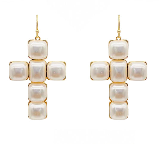 Square Puffy Pearl 1.5" Cross Earring