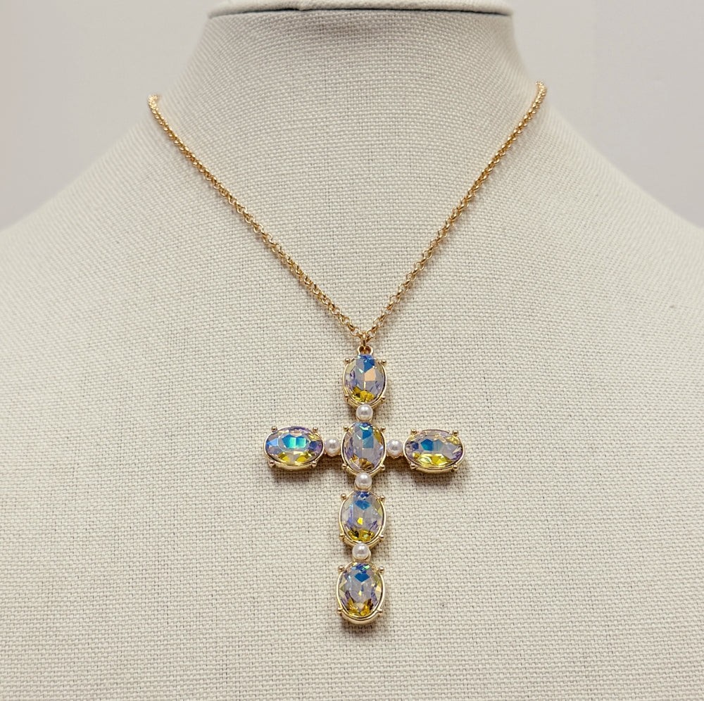 AB Crystal 1.75" Cross Pendant 16"-18" Necklace