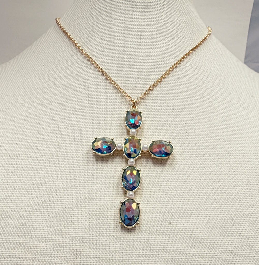 Navy Crystal 1.75" Cross Pendant 16"-18" Necklace