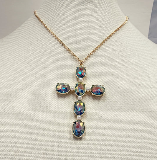 Navy Crystal 1.75" Cross Pendant 16"-18" Necklace