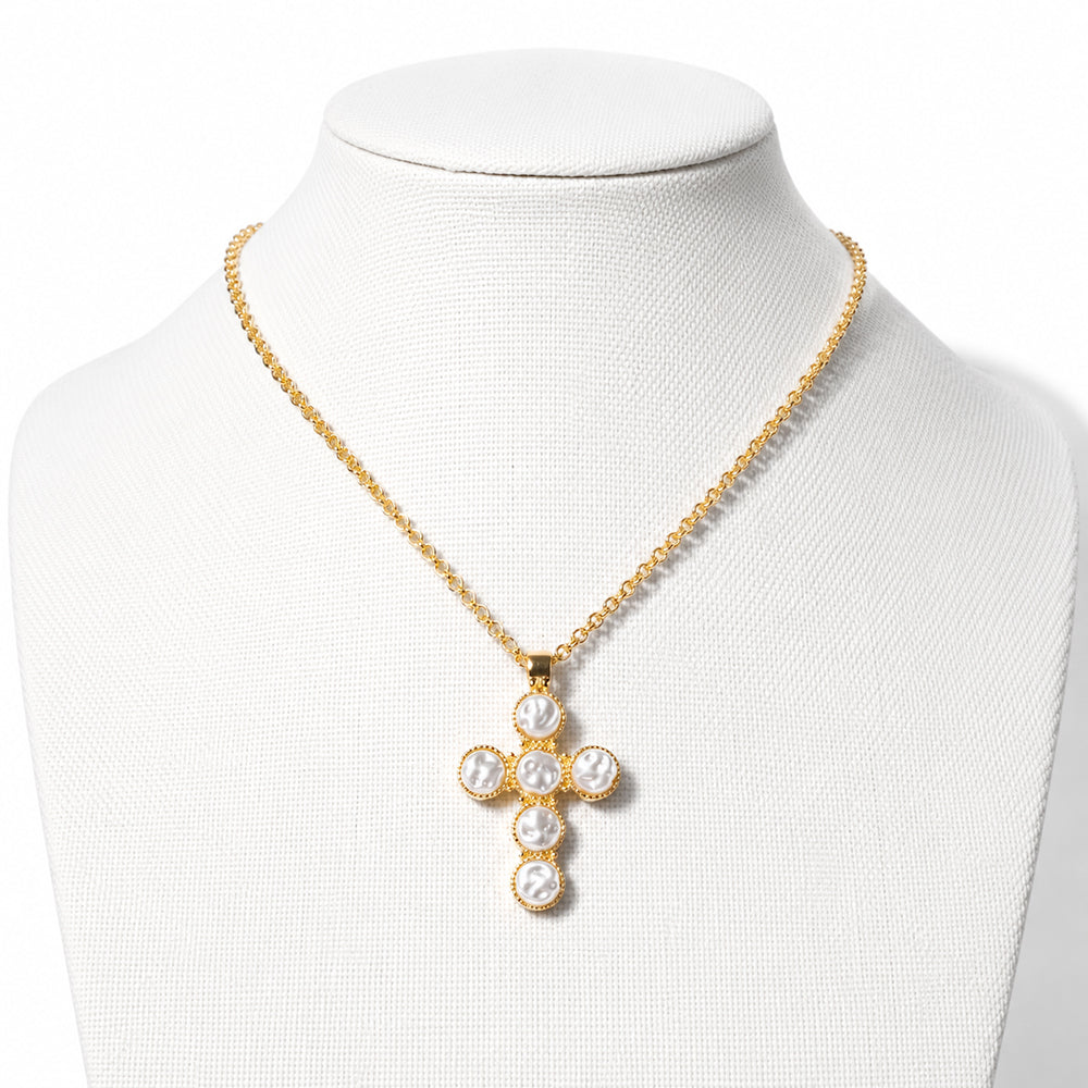 Gold and Pearl 1.75" Cross Pendant 16"-18" Necklace