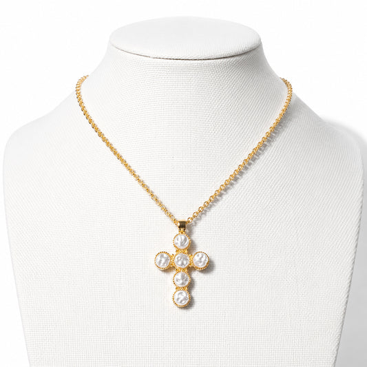 Gold and Pearl 1.75" Cross Pendant 16"-18" Necklace