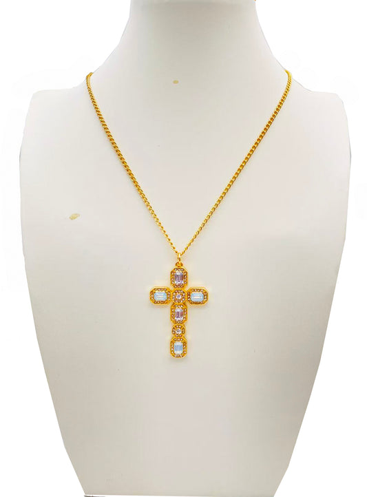 White and Clear Crystal 1.75" Cross Pendant 16"-18" Necklace