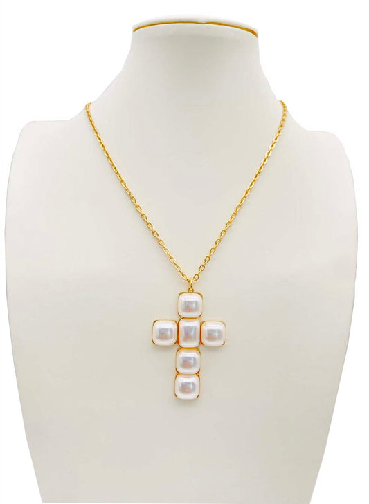 Puffy Square Pearl 2" Cross Pendant 16"-18" Necklace