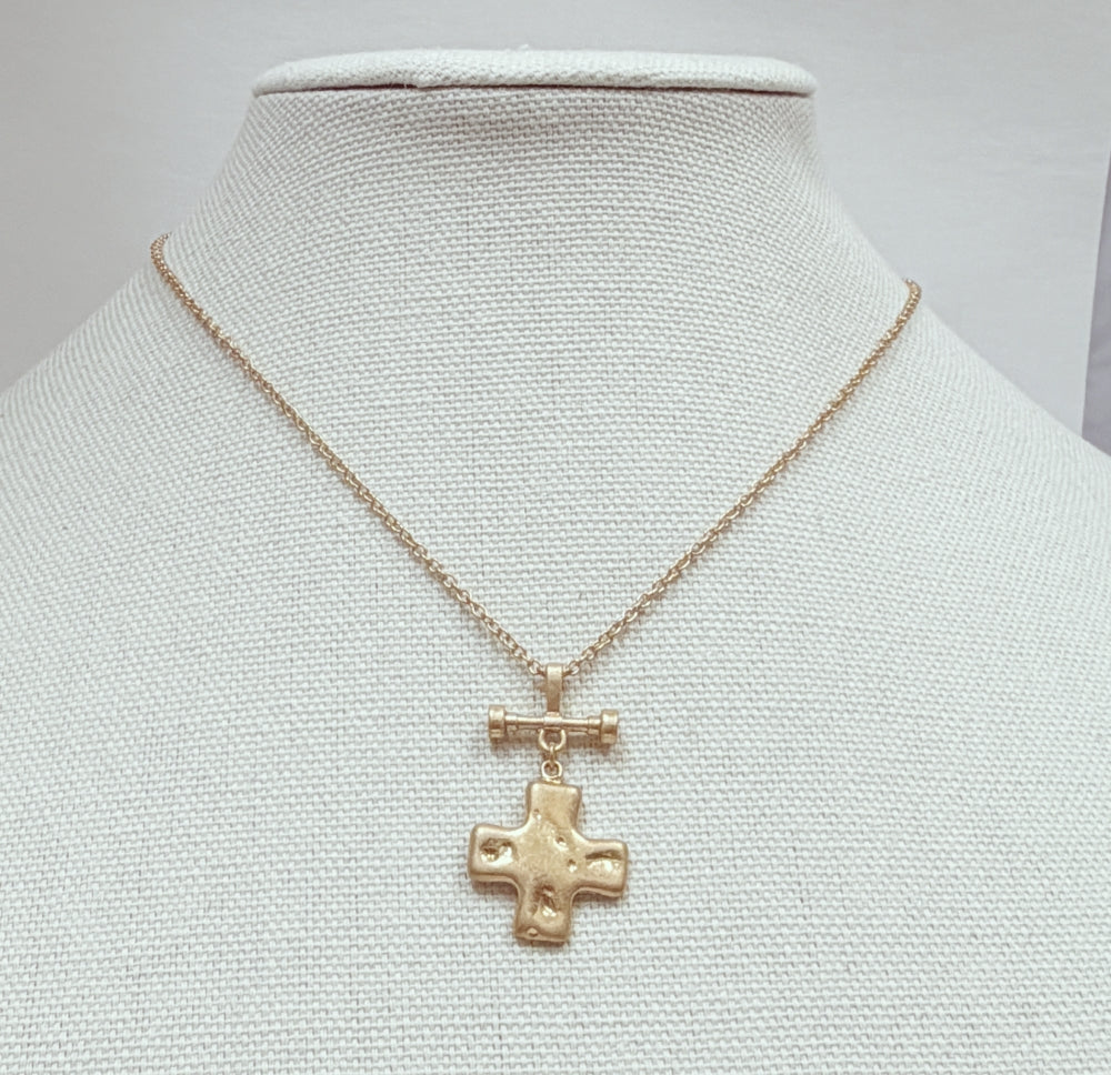 Worn Gold Hammered Squared Cross Pendant 16"-18" Necklace
