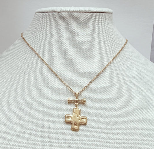 Worn Gold Hammered Squared Cross Pendant 16"-18" Necklace
