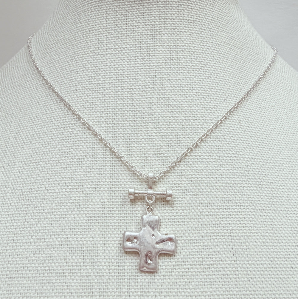 Worn Silver Hammered Squared Cross Pendant 16"-18" Necklace