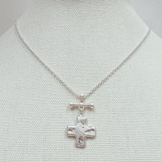 Worn Silver Hammered Squared Cross Pendant 16"-18" Necklace