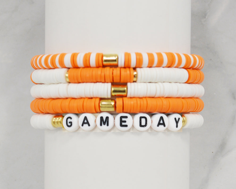 Orange and White Gameday Set of 5 Stretch Bracelets