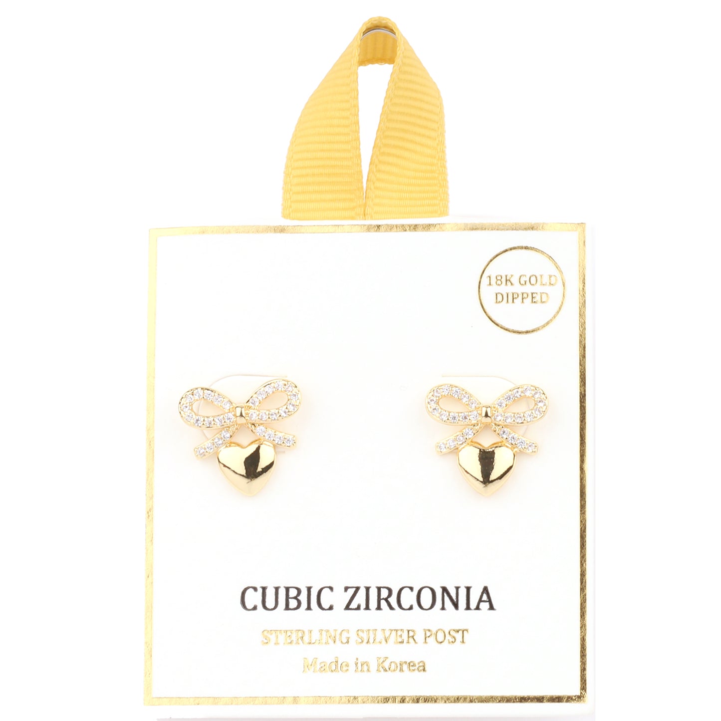 Gold Rhinestone Metal Bow with Heart with Sterling Silver Post Earring