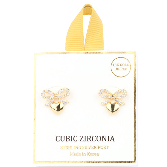 Gold Rhinestone Metal Bow with Heart with Sterling Silver Post Earring