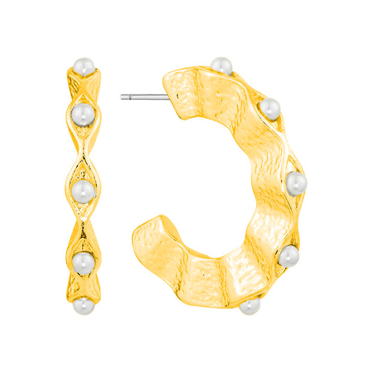 Gold Textured 1.25" Hoop with Pearl Accents Earrings