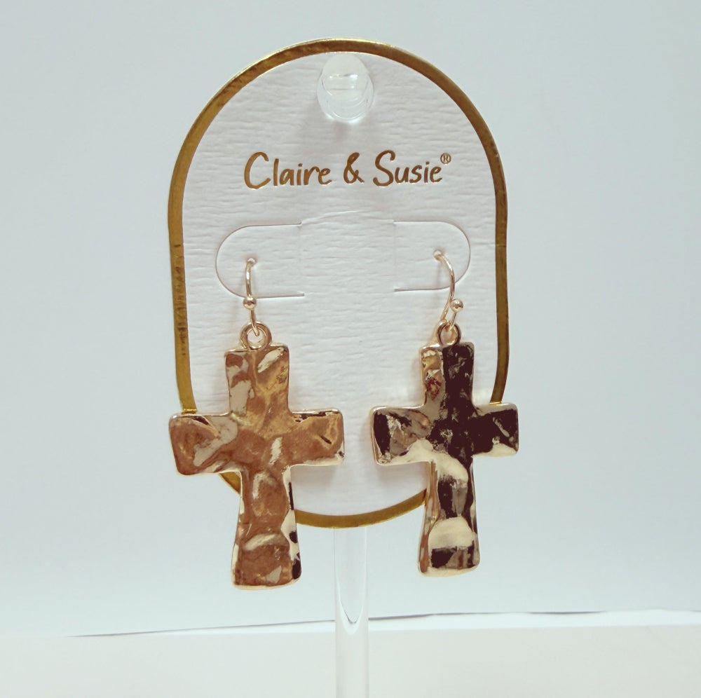 Hammered Shiny Cross 1.25" Earring