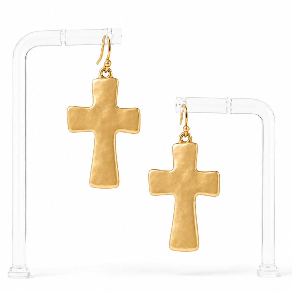 Hammered Matte Gold Cross 1.25" Earring