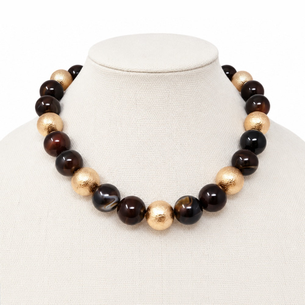 Brown and Brushed Gold 14MM Beaded 16"-18" Necklace