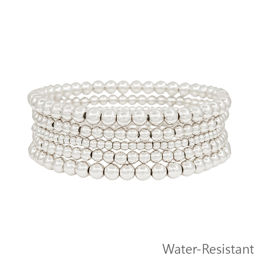 Water Resistant Silver Graduated Beaded Set of 5 Stretch Bracelets