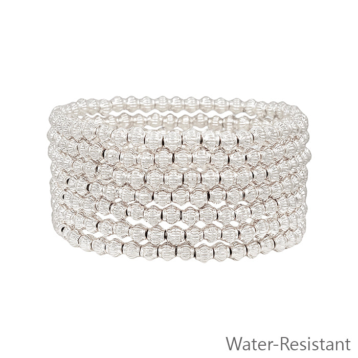 Water Resistant Silver Textured 4MM Beaded Set of 6 Stretch Bracelet