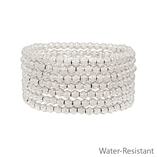 Water Resistant Silver Textured 4MM Beaded Set of 6 Stretch Bracelet