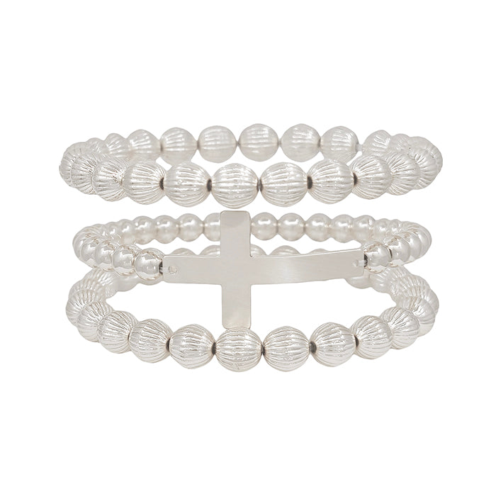 Water Resistant Silver Beaded and Cross Set of 3 Bracelets