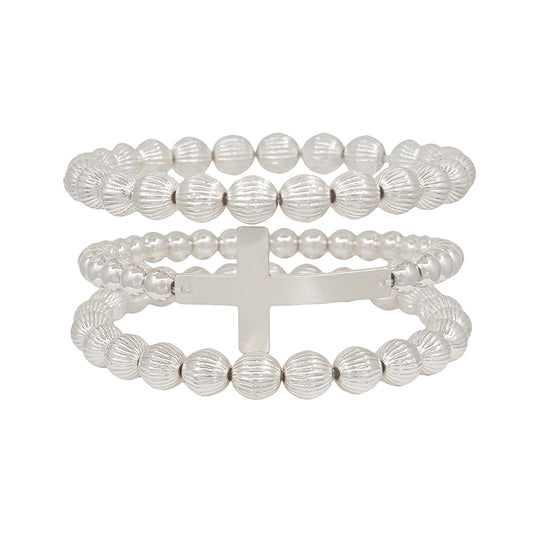 Water Resistant Silver Beaded and Cross Set of 3 Bracelets