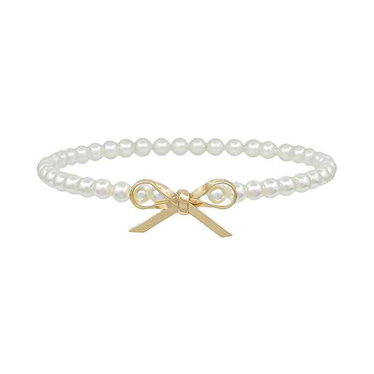 Pearl Beaded Stretch Bracelet with Gold Dainty Bow