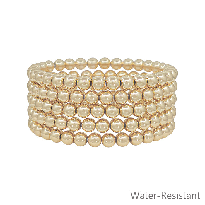 Water Resistant Gold 6MM Beaded Set of 5 Stretch Bracelets