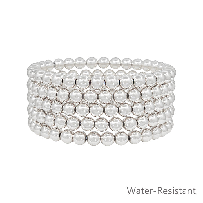 Water Resistant Silver 6MM Beaded Set of 5 Stretch Bracelets