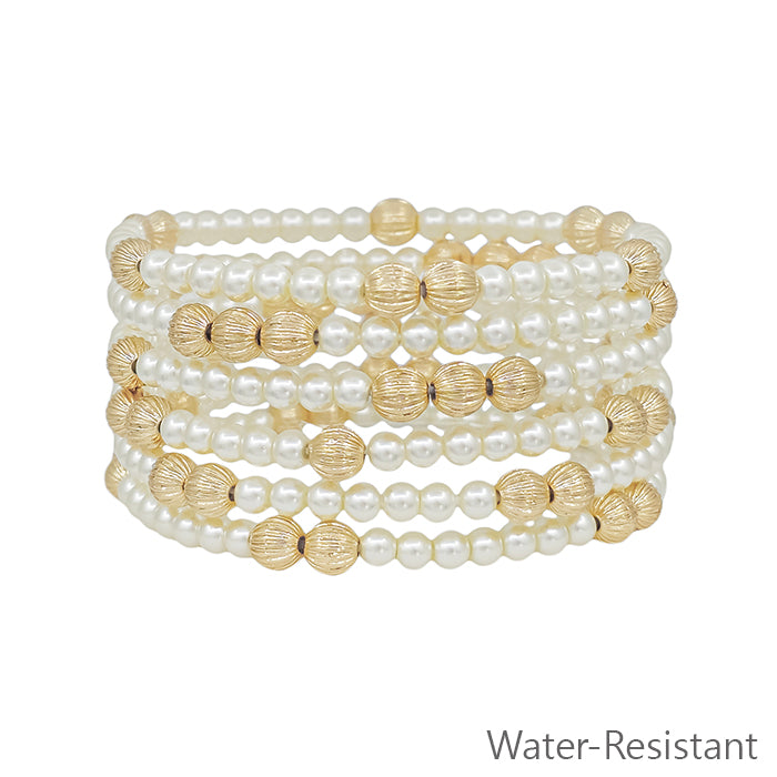 Water Resistant Gold Textured and Pearl Beaded Set of 6 Stretch Bracelets