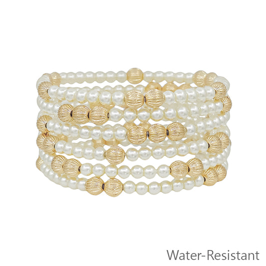 Water Resistant Gold Textured and Pearl Beaded Set of 6 Stretch Bracelets