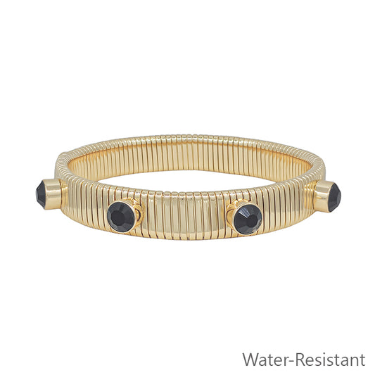 Water Resistant Ribbed Stretch Bracelet with Black Crystal Studded Accent