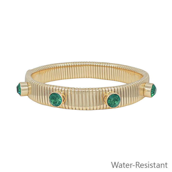 Water Resistant Ribbed Stretch Bracelet with Green Crystal Studded Accent