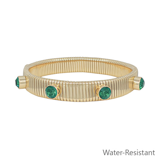 Water Resistant Ribbed Stretch Bracelet with Green Crystal Studded Accent