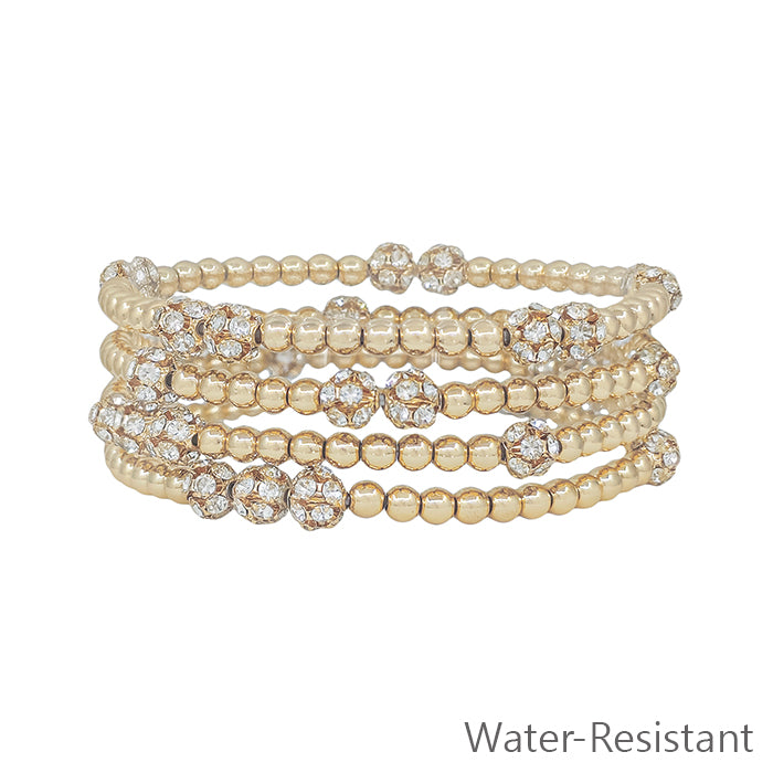 Water Resistant Gold Beaded with Pave Bead Set of 5 Stretch Bracelets