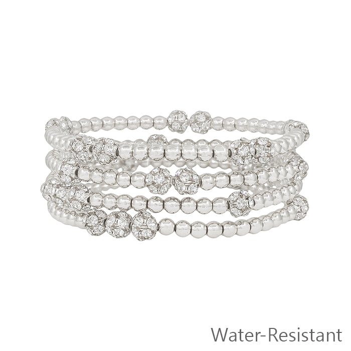 Water Resistant Silver Beaded with Pave Bead Set of 5 Stretch Bracelets