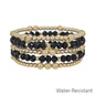 Water Resistant Gold Beaded and Black Gemstone Set of 5 Stretch Bracelets