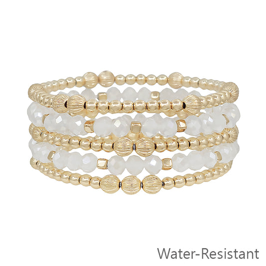 Water Resistant Gold Beaded and White Gemstone Set of 5 Stretch Bracelets